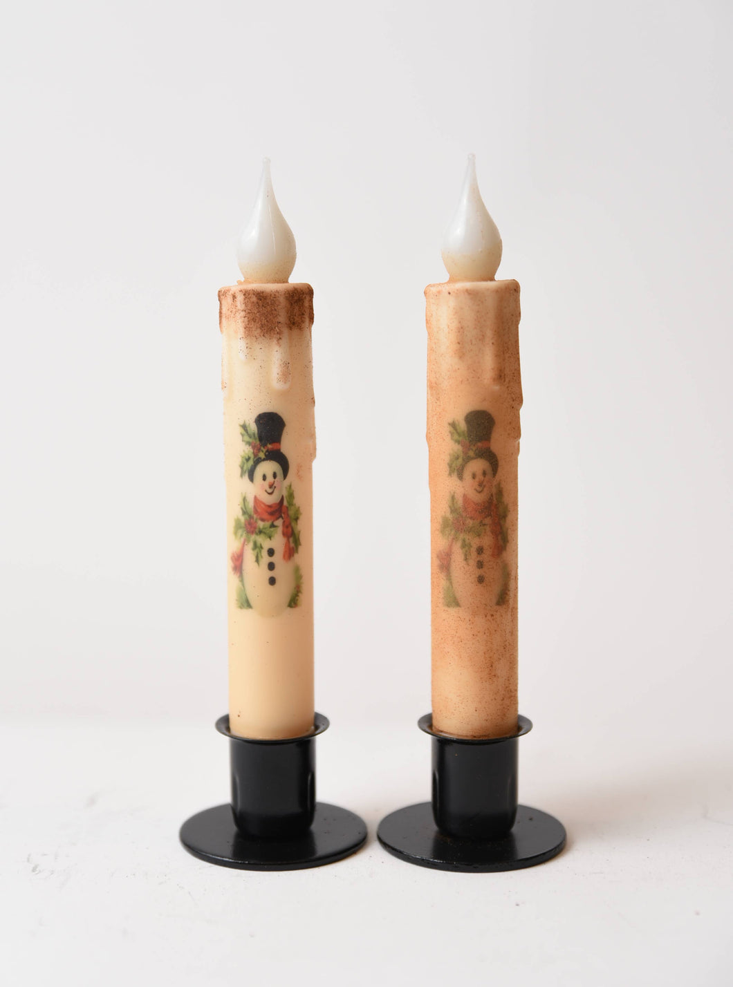 Vintage Snowman LED Timer Taper Candle: Top Dusted